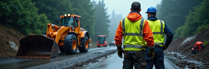 Construction workers oversee machinery on a foggy site, highlighting teamwork and safety in roadwork projects.