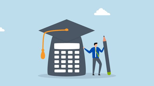 Student loan calculation, 4k animation of a graduate is standing with mortar board hat and calculator.