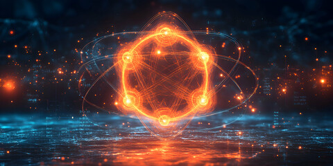 Obraz premium Educational vector diagram of atomic model, showing the nucleus and electron orbits, surrounded by glowing scientific equations in an abstract style