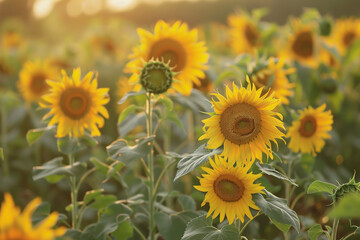 Obraz premium A field filled with sunflowers basks in the warm glow of the evening. The bright yellow petals contrast beautifully against the lush green leaves, creating a picturesque landscape