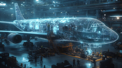 large airplane being designed in an industrial setting with holographic wireframe