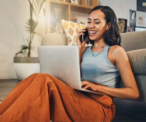 Happy woman, laptop or laughing with phone call for conversation or fun discussion at home. Young,...