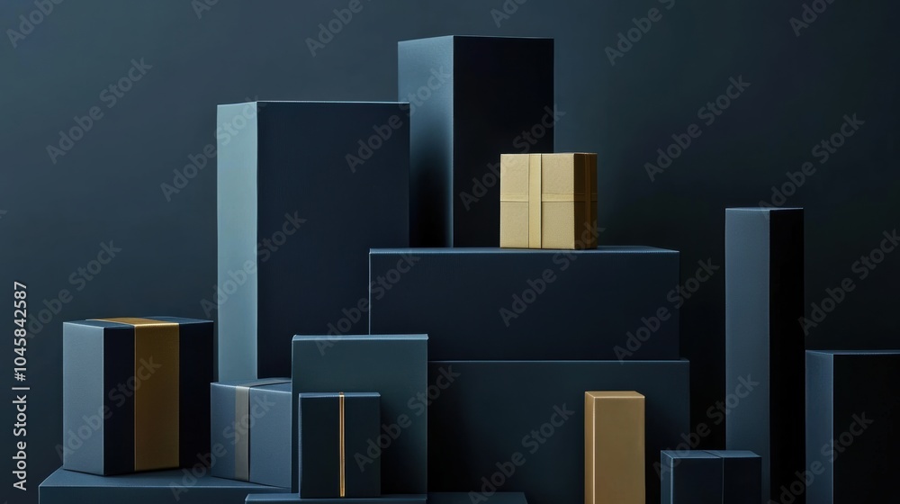 Poster geometric gift boxes in various sizes and colors are creatively arranged against a dark background, 