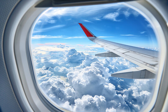 Passengers can enjoy a stunning view of a clear blue sky filled with fluffy clouds through an airplane window, showcasing the beauty of air travel