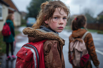 Rain drips down her face as the thoughtful girl stands on a wet street, clutching her red backpack, watching her friends walk ahead, lost in her thoughts