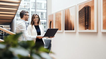 A lively group of professionals shares ideas in a modern office with natural light and wooden details. The open space, glass walls, and plants create a refreshing, collaborative vibe.