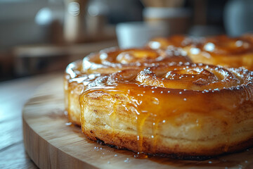 A delicious, golden-brown, sticky caramel dessert, circular in shape, sitting on a wooden board, inviting and perfect for sharing.