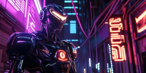 Fototapeta premium A cool-looking robot with bright lights and a modern design stands in front of a futuristic backdrop. It shows how robots can be used with artificial intelligence.