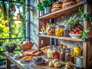 Fototapeta premium Rustic Wooden Shelf Displaying Delicious Food Items for Home Decor and Culinary Inspiration