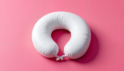 Minimal white travel neck pillow comfort accessory on pink background with copy space