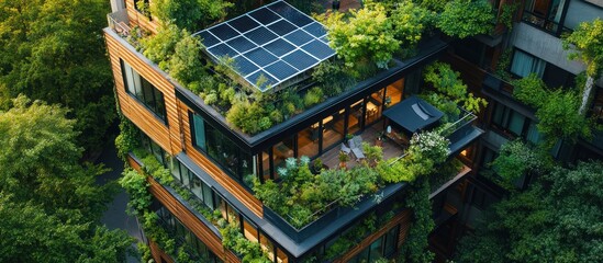 A modern apartment building with green roof and solar panels, seen from above. - Powered by Adobe