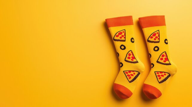 Close-up of novelty socks with pizza pattern, fun and quirky National Sock Day