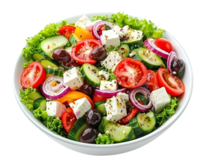 Delicious Greek salad with fresh vegetables, olives, and feta cheese, isolated on transparent cutout background
