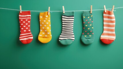 Fun socks hanging on a clothesline, bright colors and patterns, National Sock Day spirit