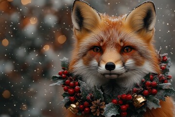 Obraz premium Festive Fox with Holiday Wreath in Snowy Scene