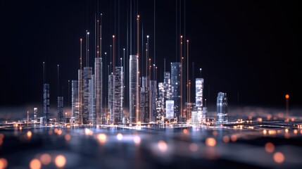 This artwork showcases a vibrant isometric illustration with numerous buildings and technology icons interconnected against a dark backdrop, capturing a futuristic cityscape