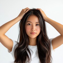 Fototapeta premium Woman fixes hair, white background.