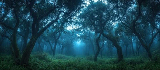 Mysterious foggy forest with tall trees and green undergrowth.