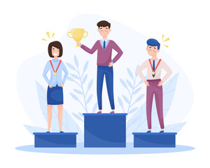 Business Man and Woman Character with Golden Cup or Goblet Award Vector Illustration