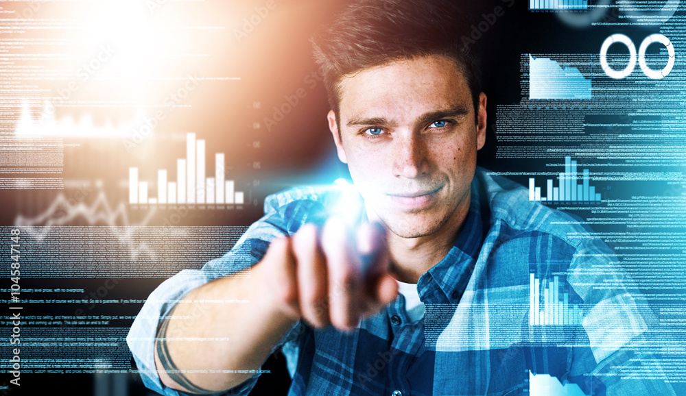 Poster programmer or engineer working with cgi graphic of data, graphs and charts. portrait face of an info