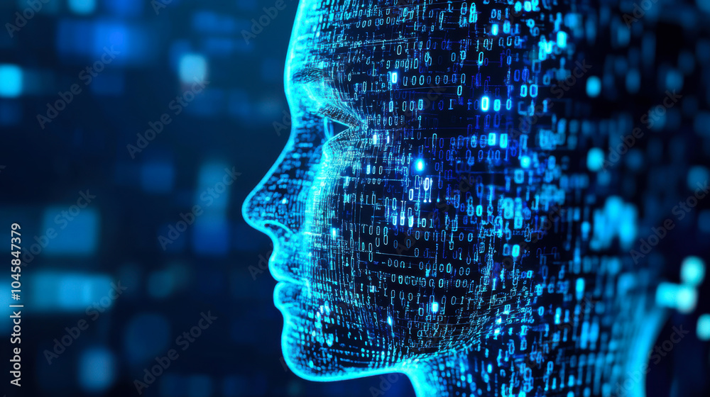 Poster digital representation of a human head with a binary code overlay in a futuristic setting