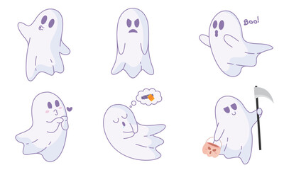 Cute Halloween ghost icons with various expressions, Vector