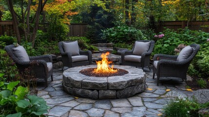 A stone fire pit with four chairs in a backyard patio with lush greenery.