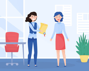 Business Woman Character with Certificate Vector Illustration
