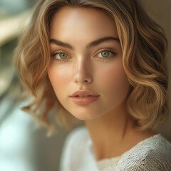 Naklejka premium Close-up of a woman in a serene spa, glowing skin highlighted by soft light. Her youthful complexion and calm expression exude rejuvenation, with a blurred background emphasizing her radiance
