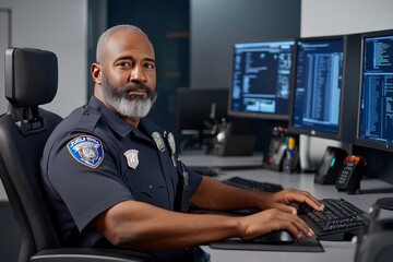 Police Officer Working on Computer in Modern Surveillance Room with Multiple Screens
