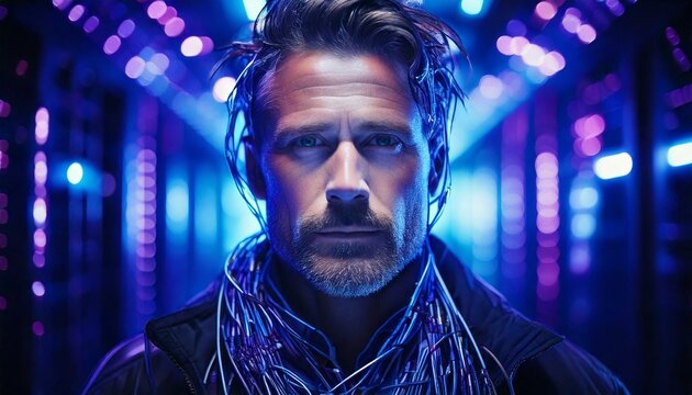 assistente virtual masculino com fibra &oacute;tica no cyber espa&ccedil;o - Generated image