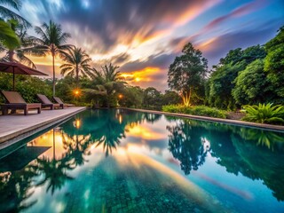 Obraz premium Serene Long Exposure of Tranquil Swimming Pool with Reflections and Soft Light for Relaxation and Leisure