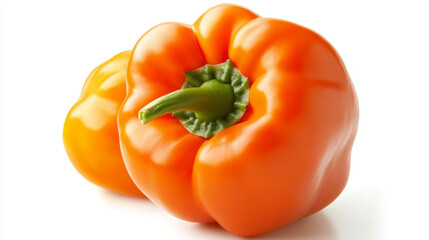 A bright orange bell pepper, perfectly whole and fresh, stands out against a white background.