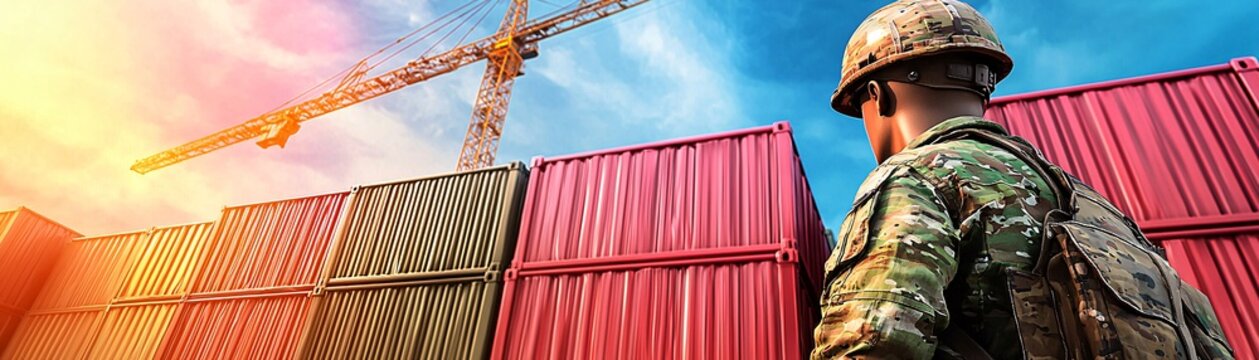 Soldier Standing in Front of Shipping Containers.