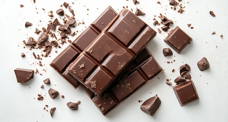 Three milk chocolate bars stacked on top of each other with broken pieces scattered around.
