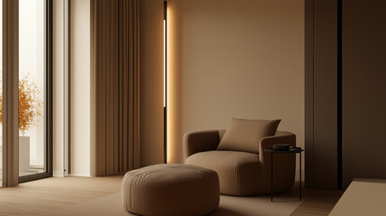Warm minimalist living room with armchair and soft lighting
