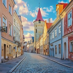 Fototapeta premium Empty streets of Tallinn's historic district.