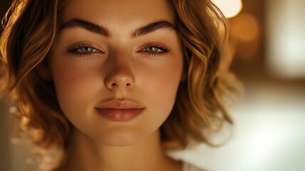 Naklejka premium Close-up of a woman in a serene spa, glowing skin highlighted by soft light. Her youthful complexion and calm expression exude rejuvenation, with a blurred background emphasizing her radiance