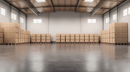 Spacious warehouse with neatly stacked wooden pallets, organized for efficient storage and distribution.
