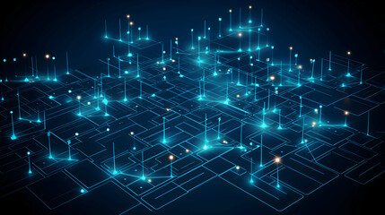 Obraz premium Quantum algorithm processing visualized as a flowchart of glowing data nodes, abstract vectors connecting research milestones, futuristic hardware breakthrough
