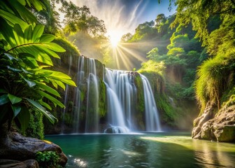 Serene Sunlit Tropical Waterfall in Lush Greenery - Nature's Oasis for Relaxation and Adventure