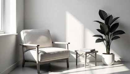 A modern living room with stylish wooden furniture, featuring a comfortable armchair, a table, and elegant decor by a large window