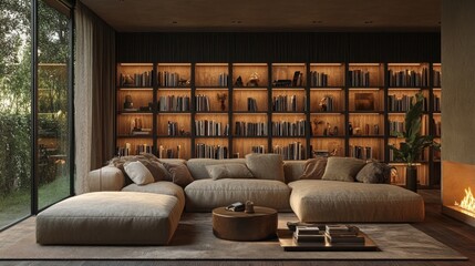 A spacious living room with a large sectional sofa, a coffee table, a fireplace, and a wall of bookshelves with warm lighting.
