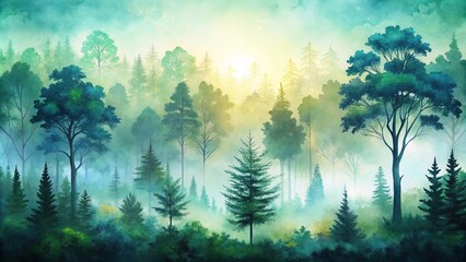 Naklejka premium watercolor painting of spring forest silhouette
