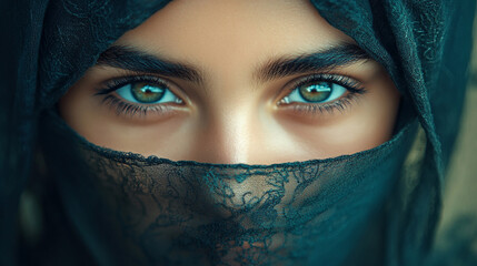 Naklejka premium Captivating Muslim girl in niqab looks warm. Traditional closed clothing for women of the East.