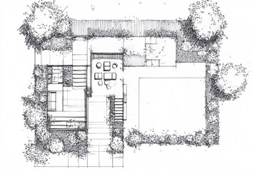 A monochromatic garden floor plan showing a seating area, steps, and detailed greenery layout, representing organized outdoor space design
