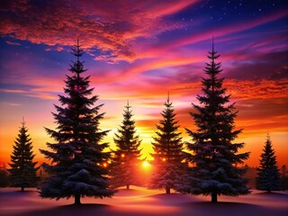Set of Silhouette Christmas Trees Against a Colorful Sunset Sky for Festive Season Decor
