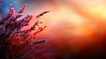 Tall blades of grass sway in the wind against a soft sunset sky.