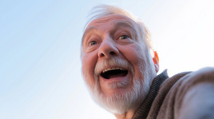 Elderly man smiling big and taking a selfie with bright blue sky in background