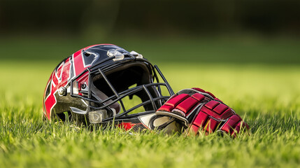 Football helmet and glove are lying on the field after a game, suggesting a hard-fought victory or defeat